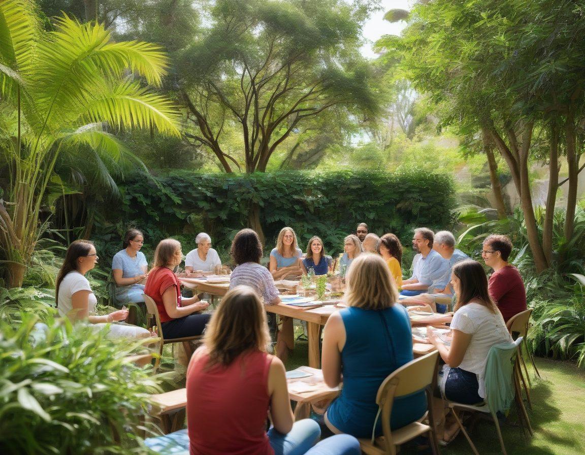 A warm, inviting scene depicting diverse groups of adults engaged in interactive workshops, sharing ideas and laughter, surrounded by lush greenery symbolizing sustainable community building. Include subtle elements of adult content art, like tasteful visual hints in the decor, promoting a sense of openness and acceptance. The atmosphere should radiate warmth, positivity, and connection. soft focus. vibrant colors. community-focused.