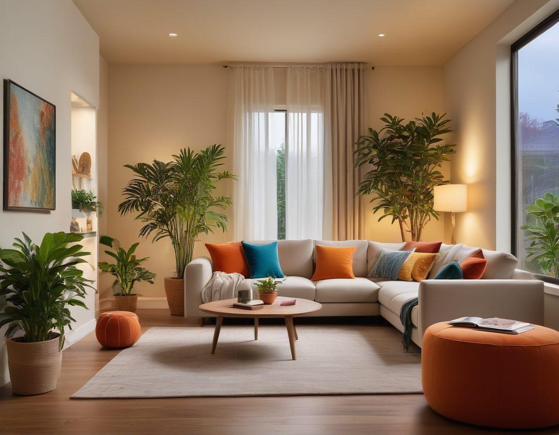 A cozy, modern room illuminated by soft, warm lighting with various digital devices visible, showcasing innovative energy-efficient technology. The atmosphere is intimate, featuring plush furniture and vibrant decor, with a hint of greenery from indoor plants. A subtle glow from a smart control panel indicates energy-saving features in action, illustrating harmony between comfort and efficiency. Minimalistic and inviting, conveying a sense of warmth and intimacy. super-realistic. vibrant colors.